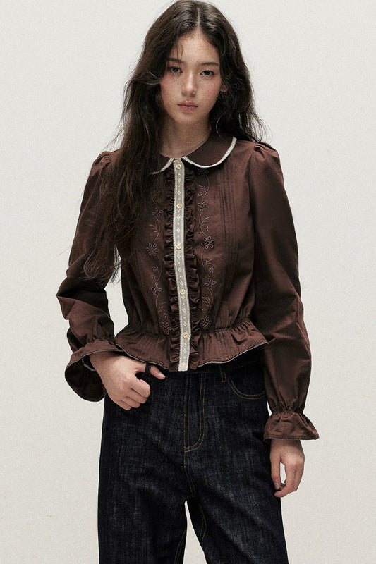 Brown Cotton Linen Lace Trim Shirt