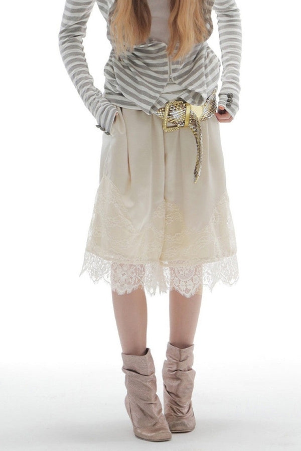 Satin Elastic Waist Lace Splicing Shorts