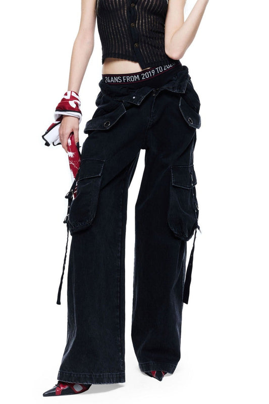Washed Multi-Pocket Cargo Metal Eyelet Ribbon Jeans