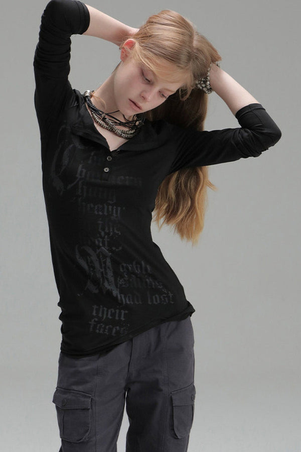 Long-Sleeved Gothic Print Henry Collar T-shirt