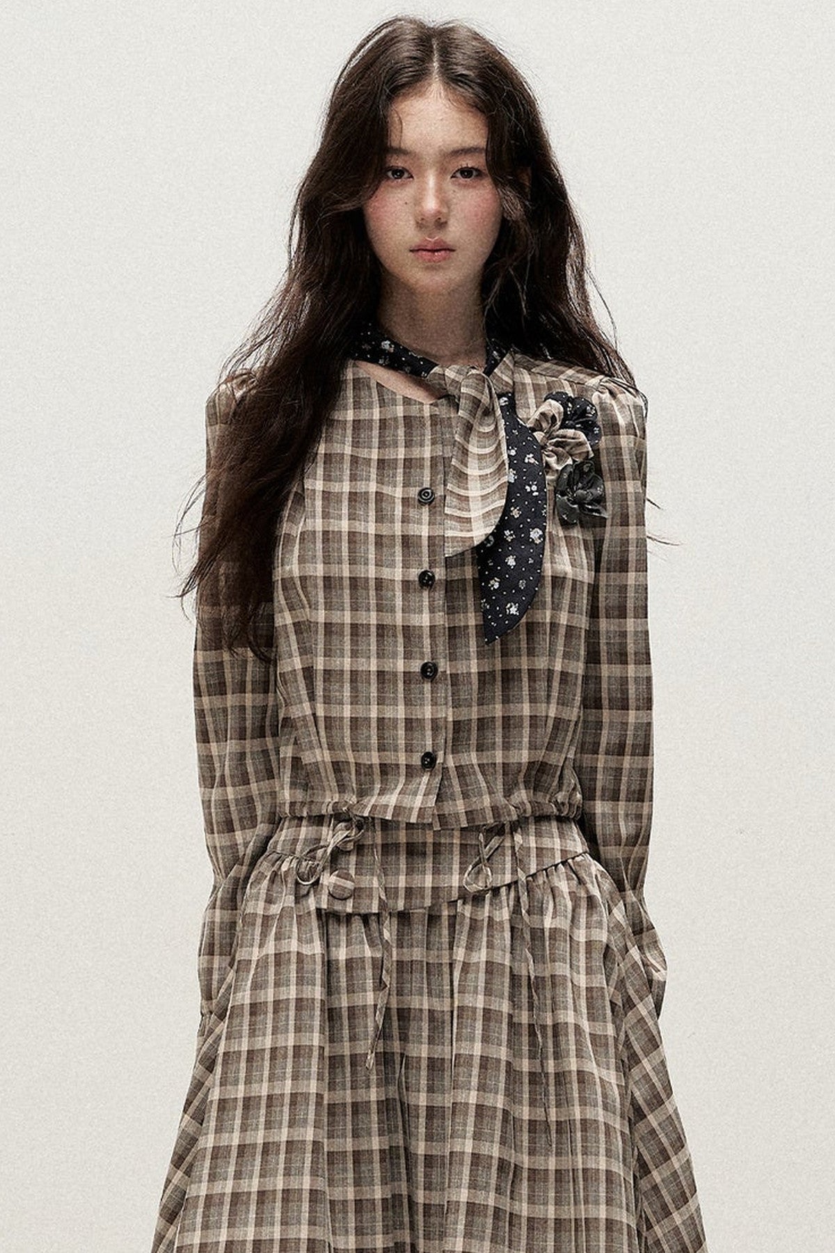 Plaid Contrast Ribbon Shirt and Skirt Set-Up