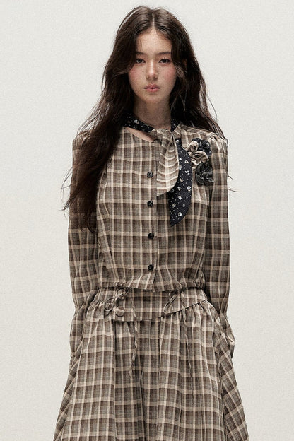 Plaid Contrast Ribbon Shirt and Skirt Set-Up