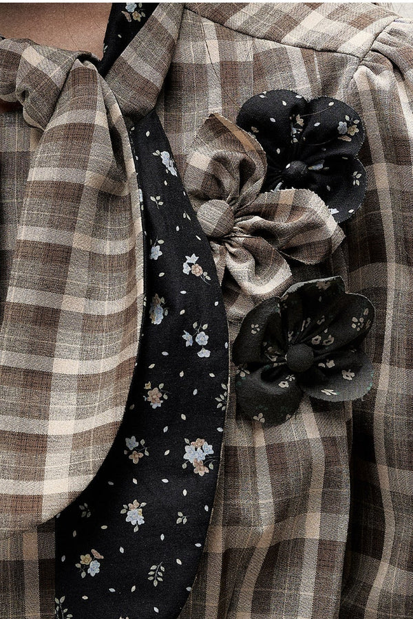Plaid Contrast Ribbon Shirt and Skirt Set-Up