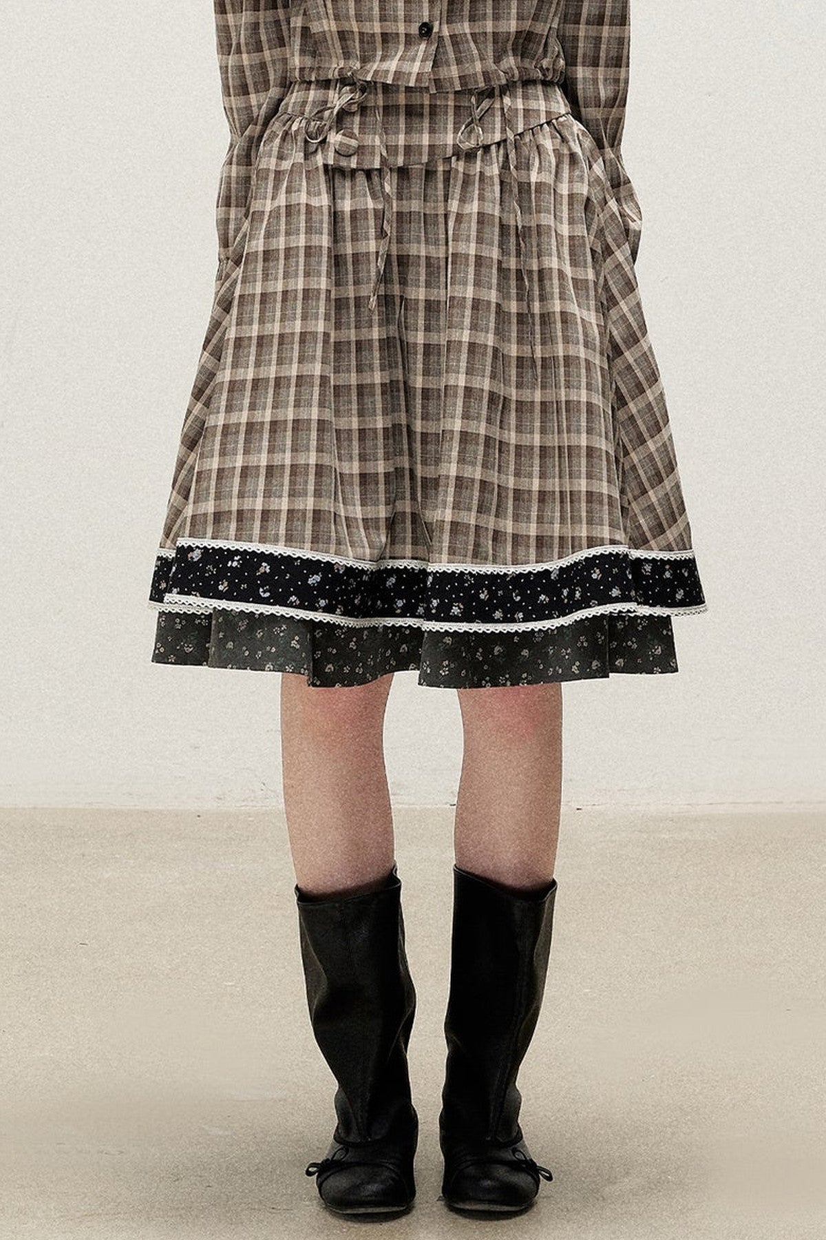 Plaid Contrast Ribbon Shirt and Skirt Set-Up