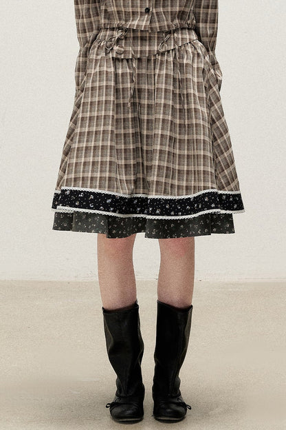 Plaid Contrast Ribbon Shirt and Skirt Set-Up