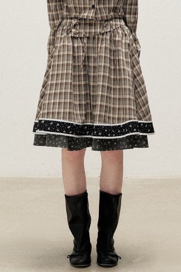 Plaid Contrast Ribbon Shirt and Skirt Set-Up