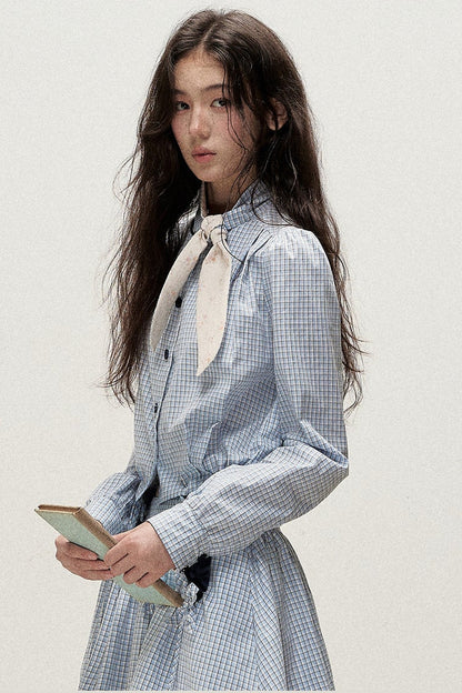 Plaid Contrast Ribbon Shirt and Skirt Set-Up