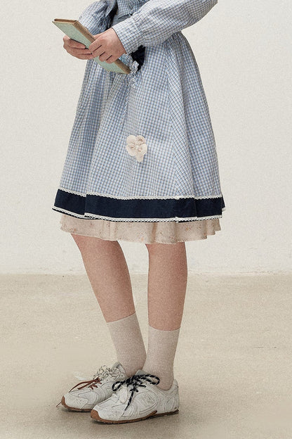 Plaid Contrast Ribbon Shirt and Skirt Set-Up