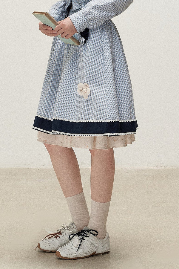 Plaid Contrast Ribbon Shirt and Skirt Set-Up