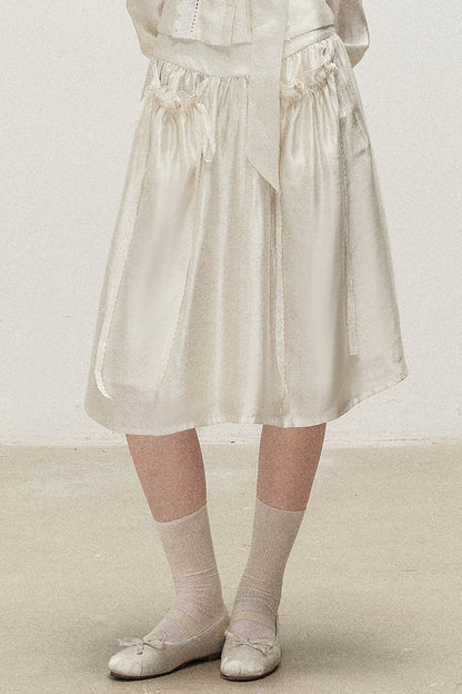 Botanical Lyocell V-Neck Ribbon Blouse And Skirt Set-Up