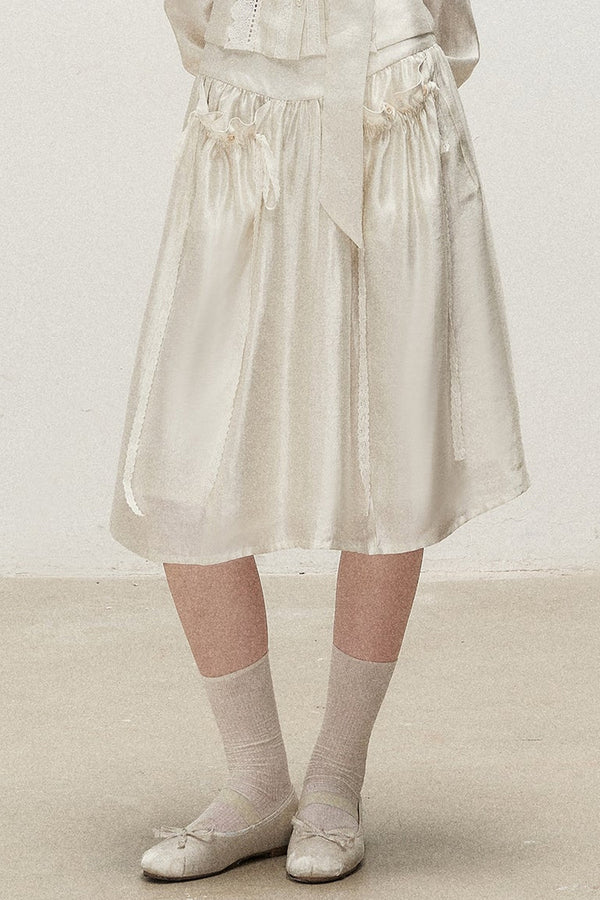 Botanical Lyocell V-Neck Ribbon Blouse And Skirt Set-Up