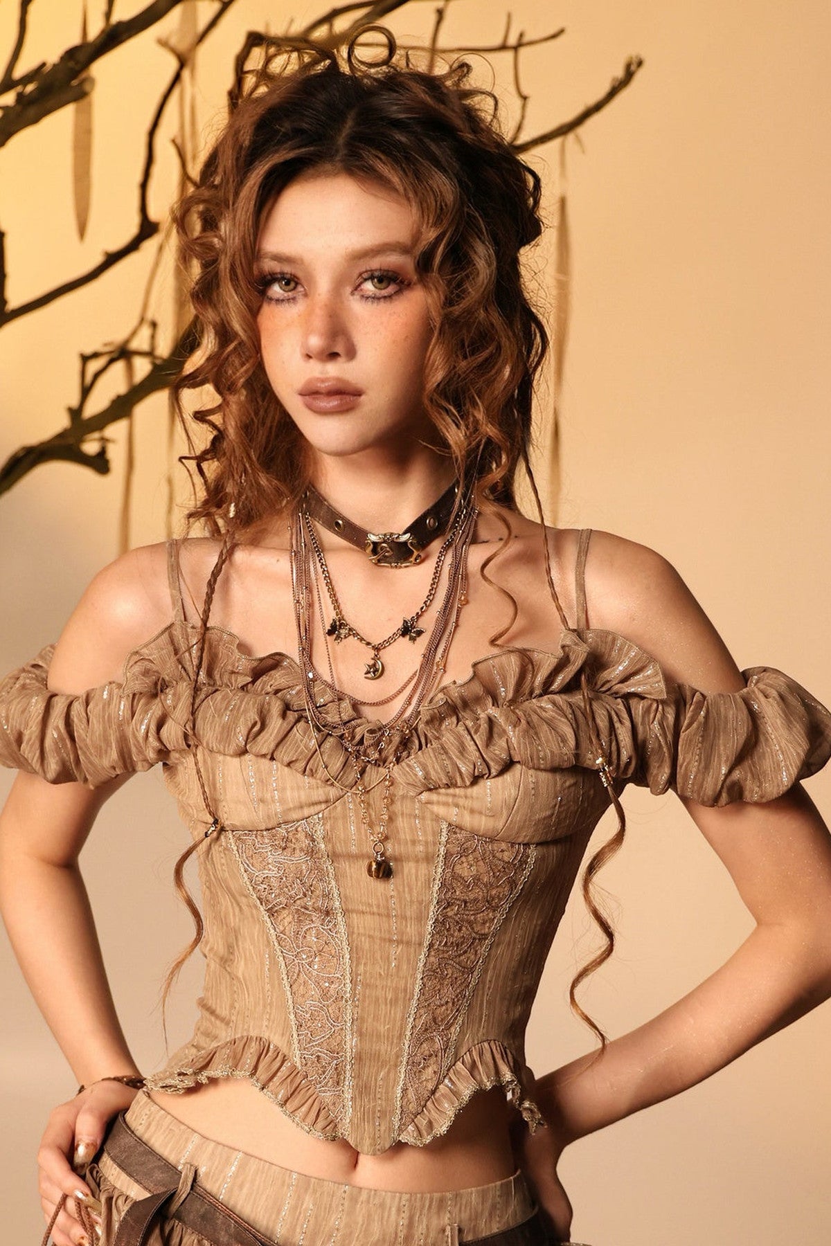 Multi-Layered Long Necklace Punk Denim Bracelet Set-Up