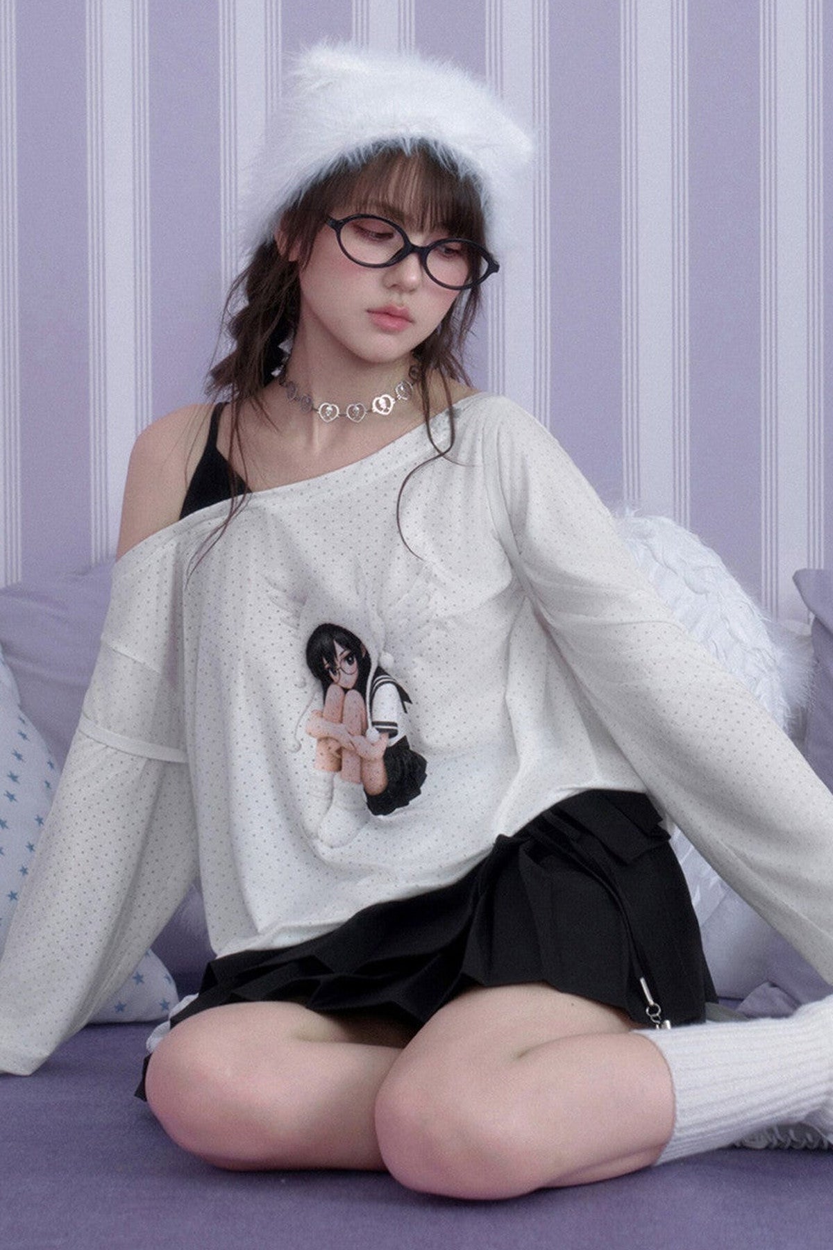 White Star Off-Shoulder Layered-Look T-shirt