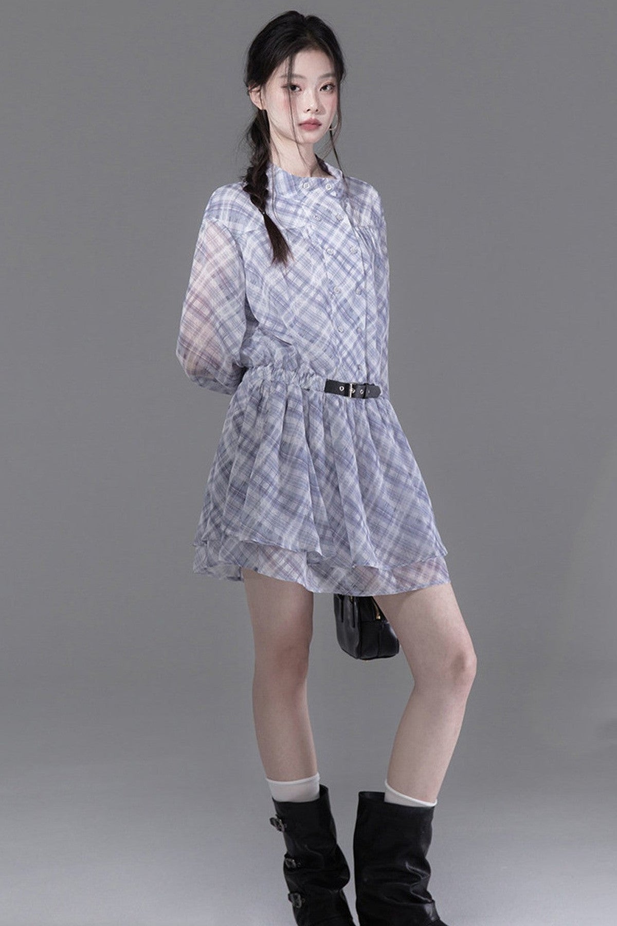 Double-Breasted Deconstructed Double-Layer Plaid Shirt Dress