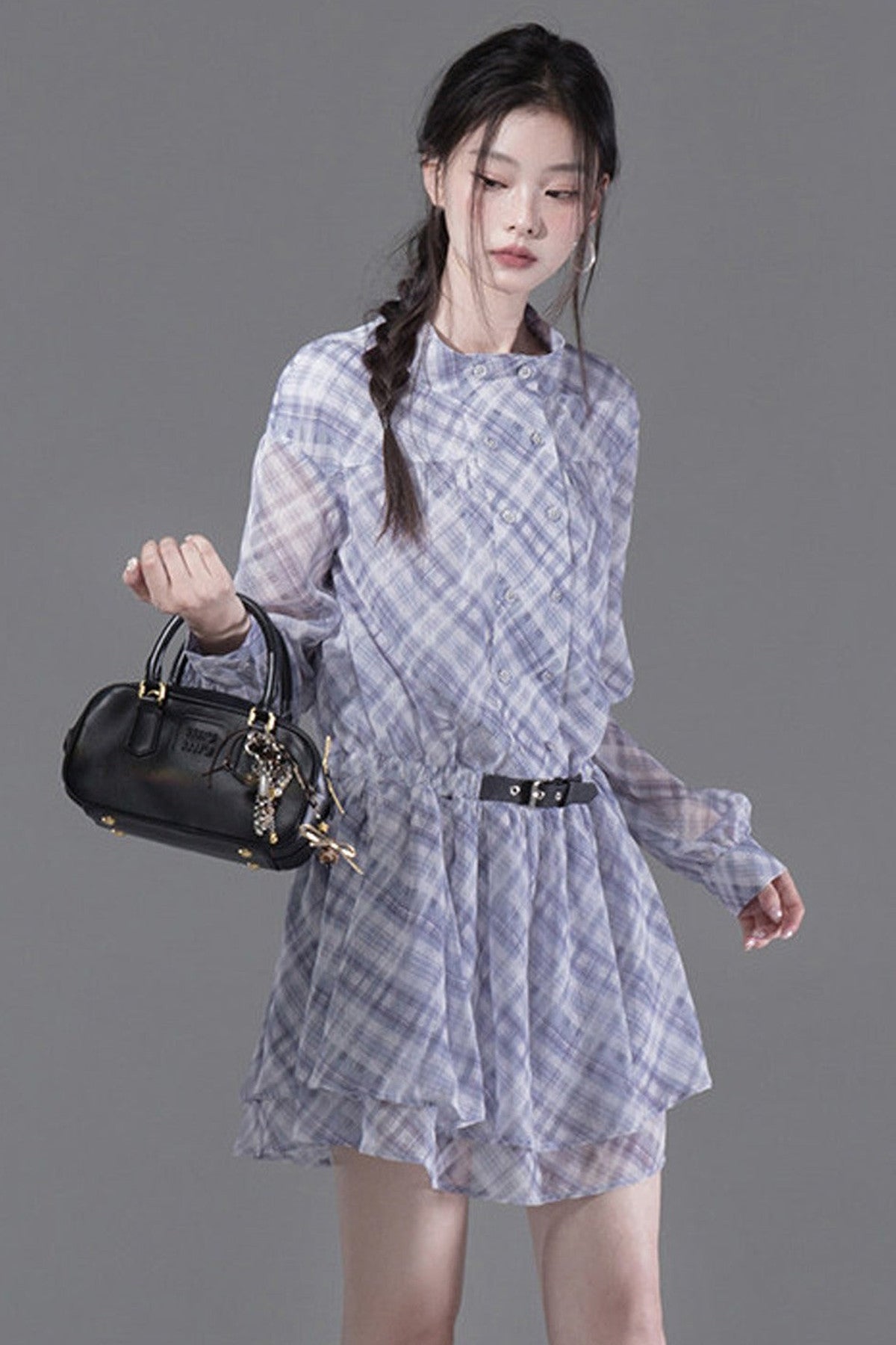 Double-Breasted Deconstructed Double-Layer Plaid Shirt Dress