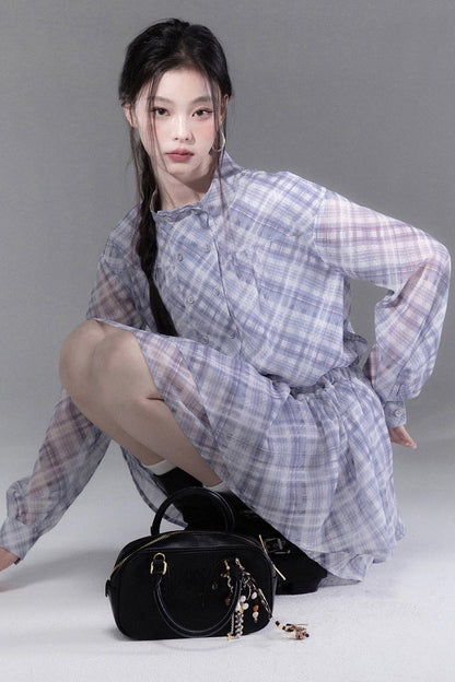 Double-Breasted Deconstructed Double-Layer Plaid Shirt Dress