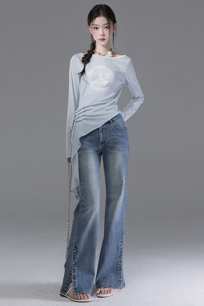 Mid-Low Waist Straight-Leg Slit Jeans
