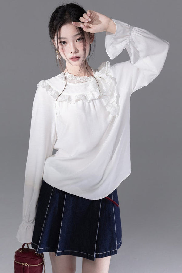 Cream Parfait Ruffle Collar Shirt and Dress Set-Up