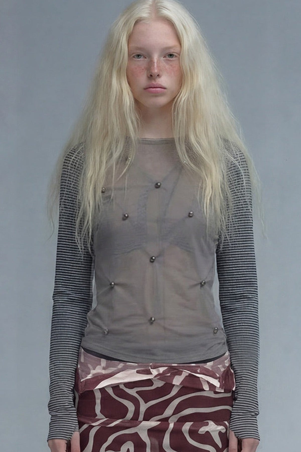 Studded Striped Long-Sleeve Sheer Mesh T-shirt
