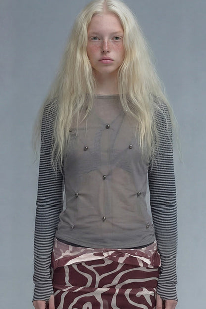 Studded Striped Long-Sleeve Sheer Mesh T-shirt