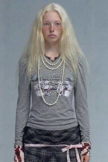 Gray Lace Patchwork Long-Sleeved T-shirt