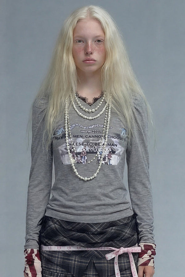Gray Lace Patchwork Long-Sleeved T-shirt