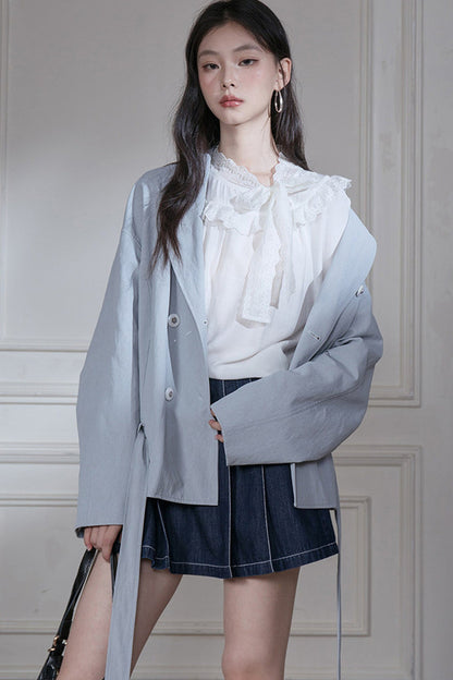 Cuban Gray-Blue Shawl Collar Belted Blazer