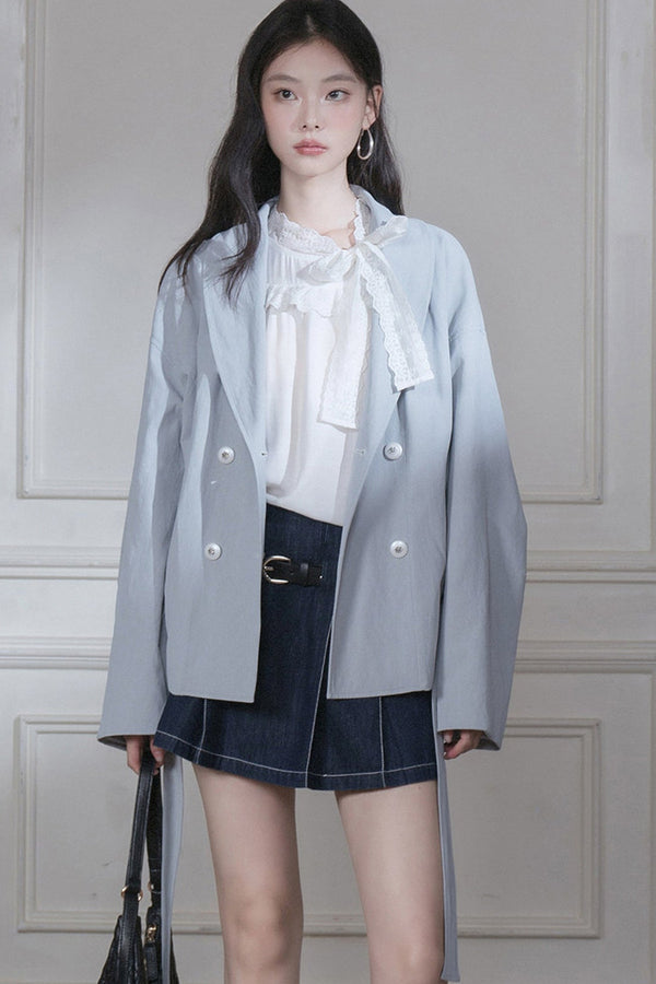 Cuban Gray-Blue Shawl Collar Belted Blazer