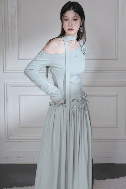 Off-Shoulder Wavy Edge Knit Top and Skirt Set