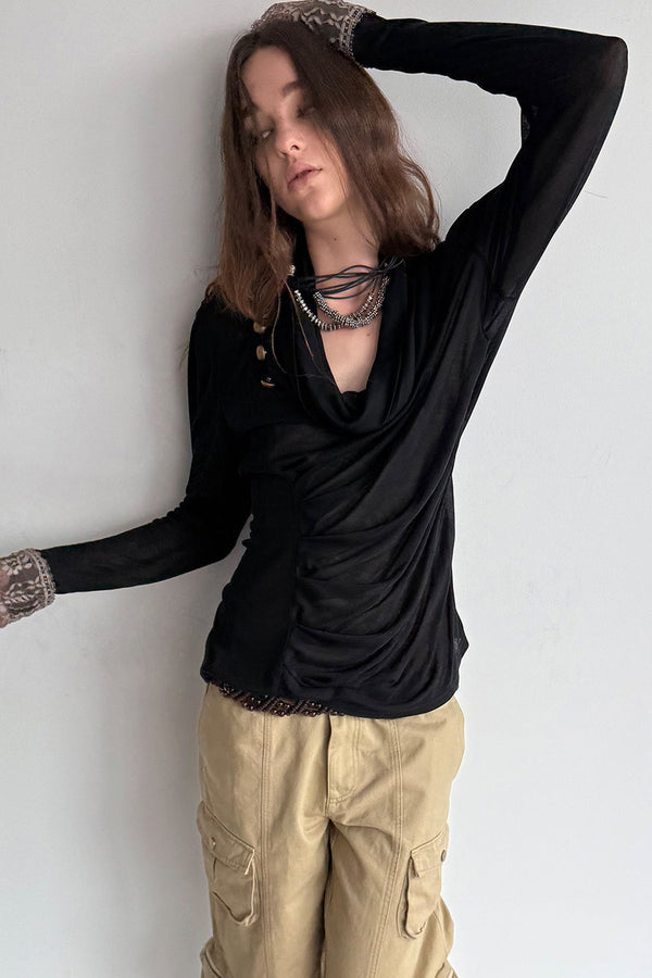 Pleated Cowl Neck Lace Trim Top