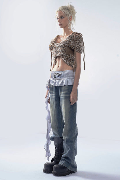 Boxing Style Patchwork Washed Wide-Leg Jeans