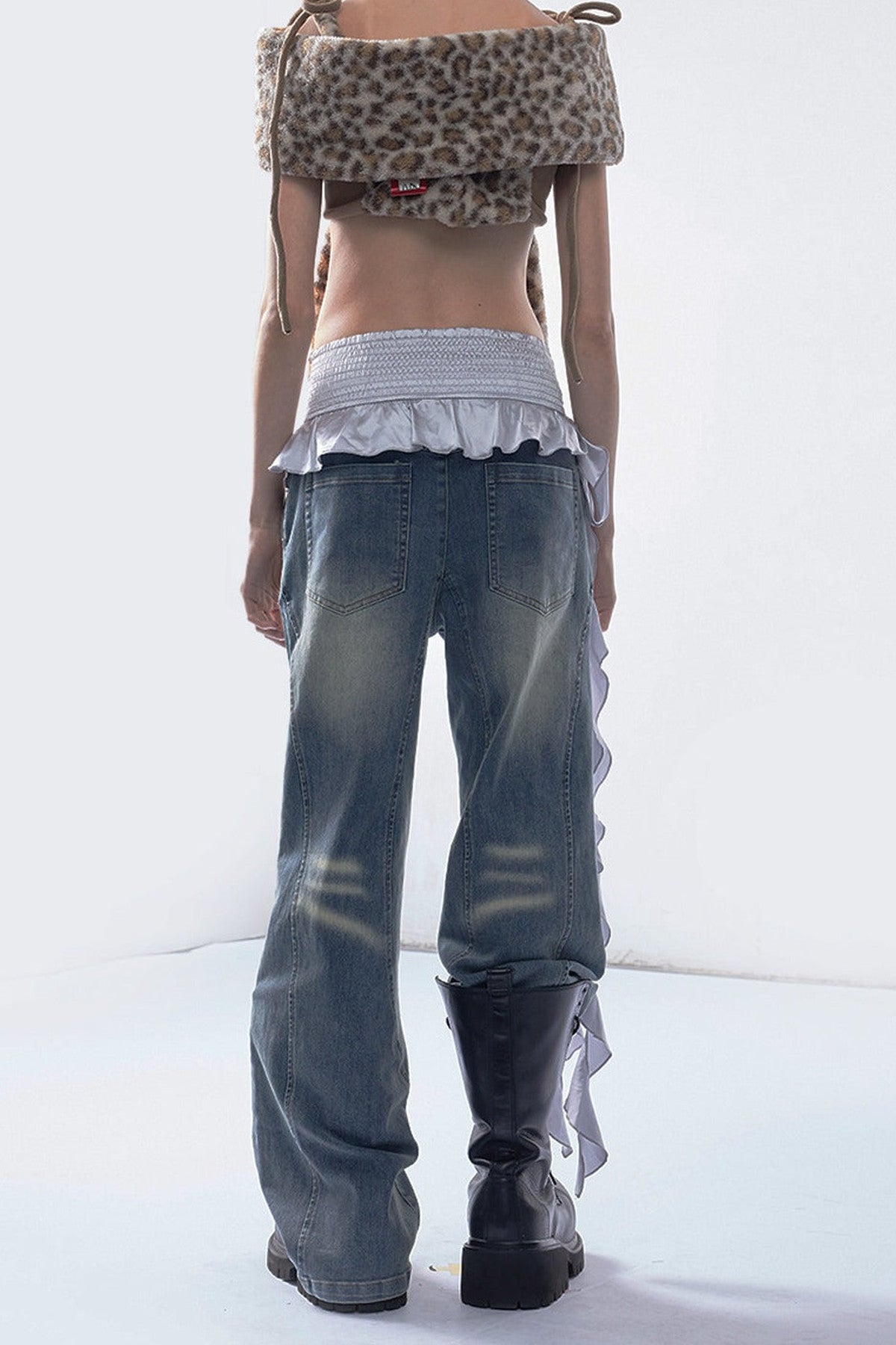 Boxing Style Patchwork Washed Wide-Leg Jeans