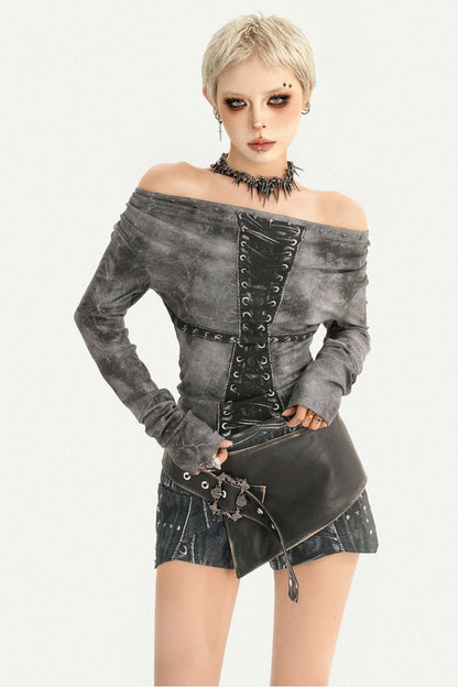 Gray Off-Shoulder Lace-Up Long Sleeve T-Shirt