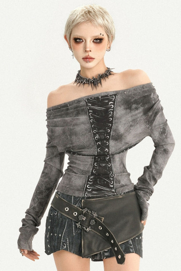 Gray Off-Shoulder Lace-Up Long Sleeve T-Shirt
