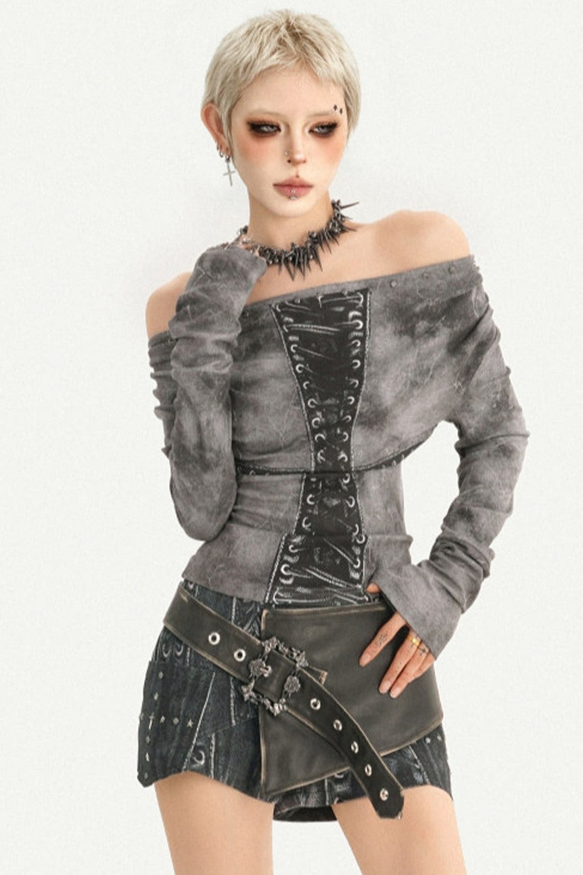 Gray Off-Shoulder Lace-Up Long Sleeve T-Shirt