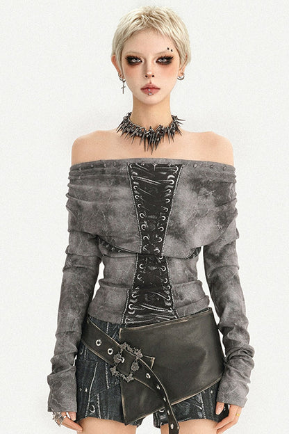 Gray Off-Shoulder Lace-Up Long Sleeve T-Shirt