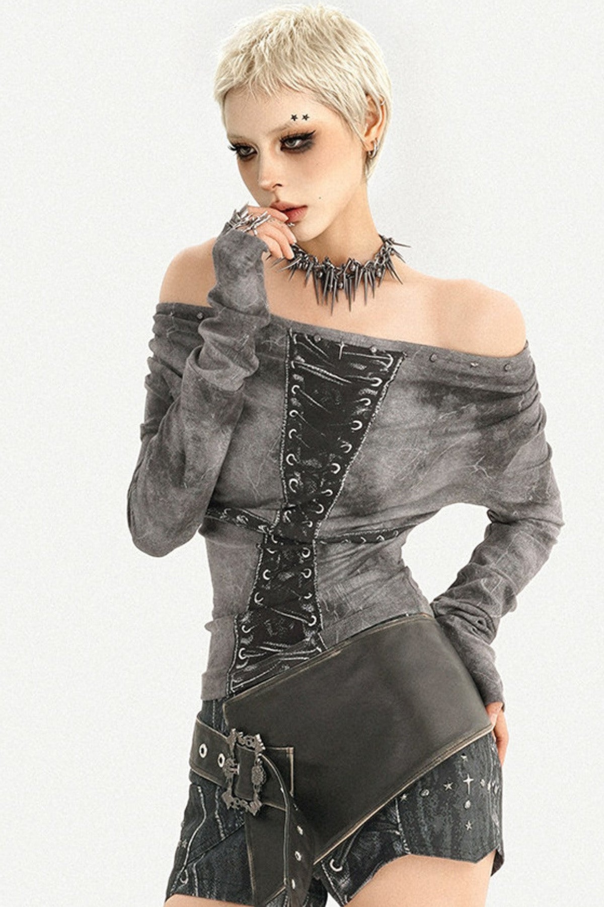 Gray Off-Shoulder Lace-Up Long Sleeve T-Shirt