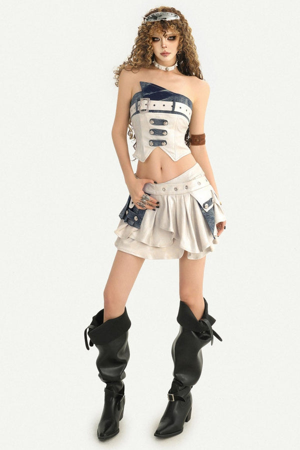 Silver Denim Patchwork Tube Top and Skirt Set-Up