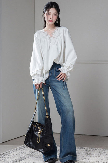 Lace Spliced Long-Sleeved Blouse