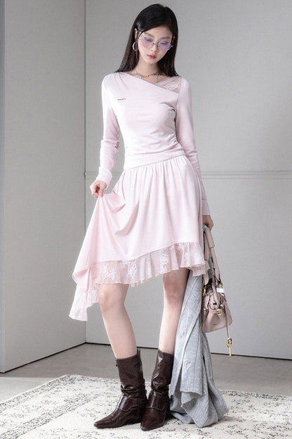 Asymmetrical Off-Shoulder Low-Waist Lace Knit Dress
