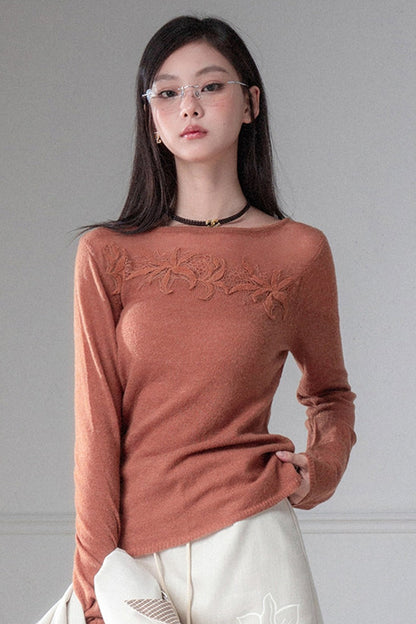 Pumpkin Orange Brown Lace Patchwork Knit Top