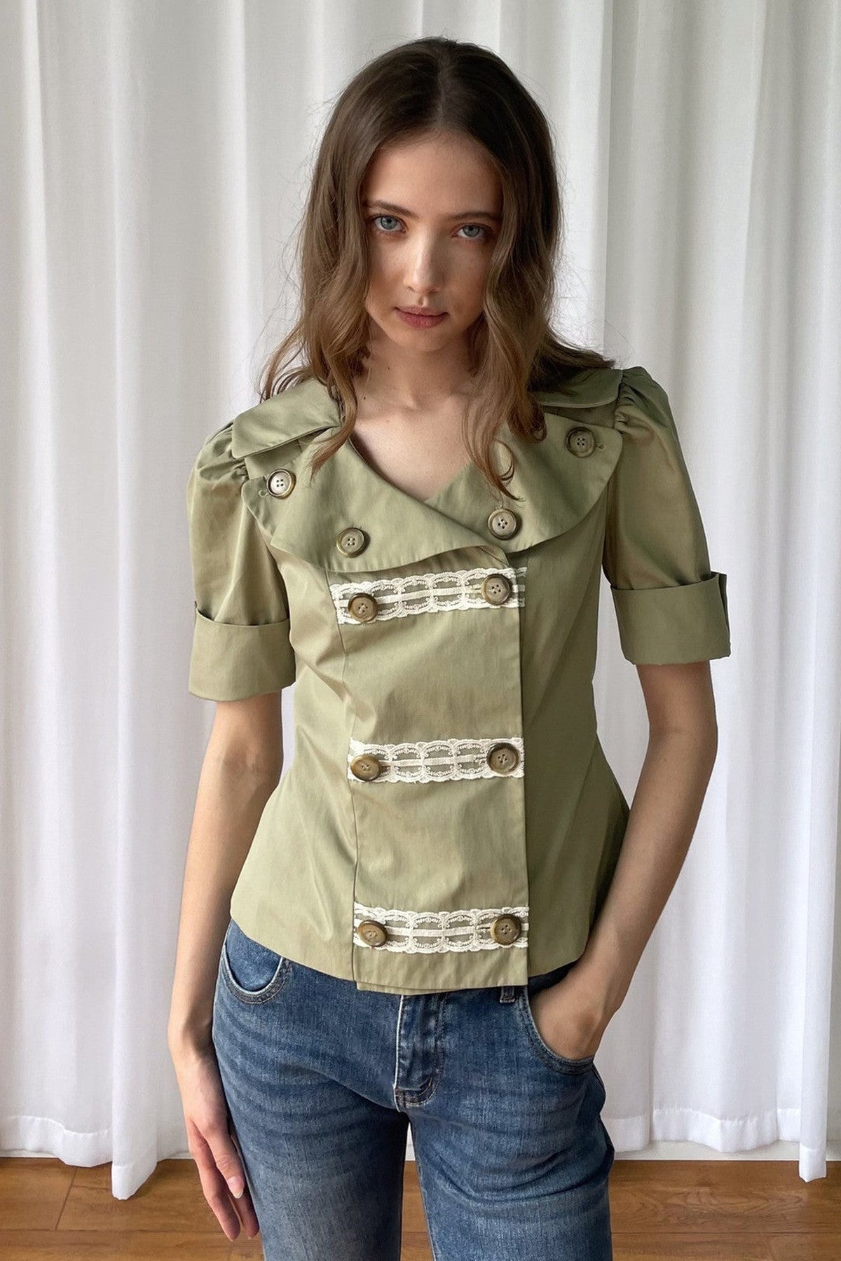 Trench Style Double-Breasted Lace Shirt