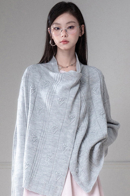 Warm Gray 3D Floral Wrap Cardigan