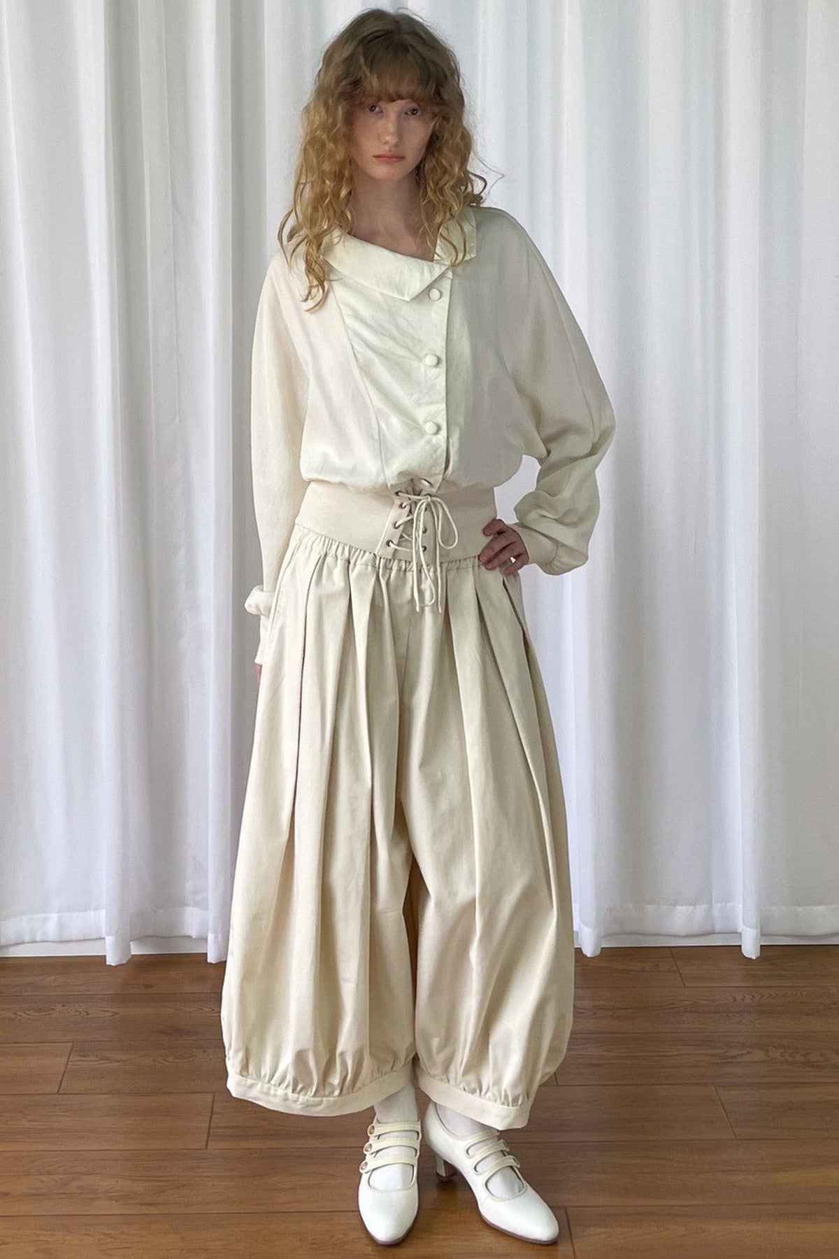 Beige Wide-Leg Lantern Pants