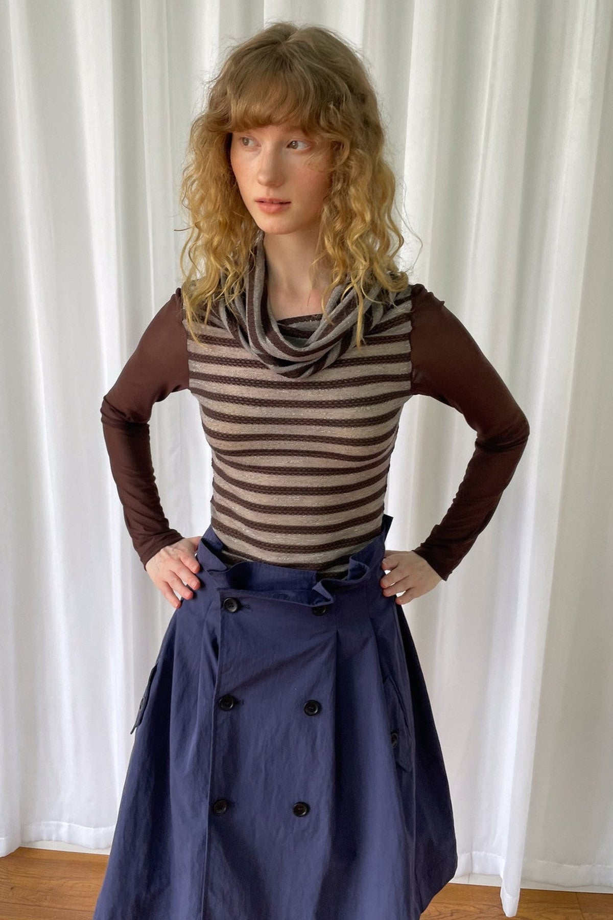 Spliced Striped Cowl Neck Long-Sleeve Blouse