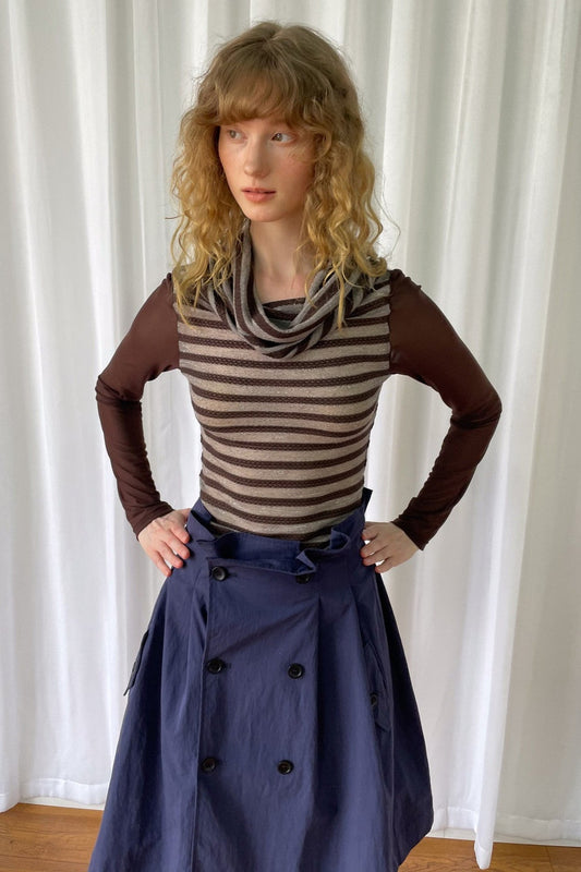 Spliced Striped Cowl Neck Long-Sleeve Blouse