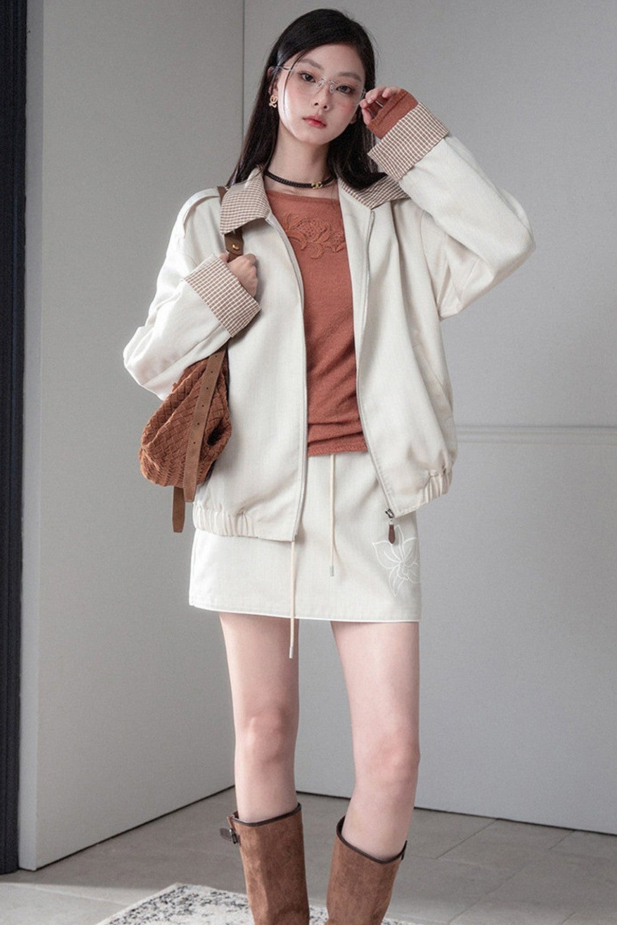 Pumpkin Orange Brown Lace Patchwork Knit Top