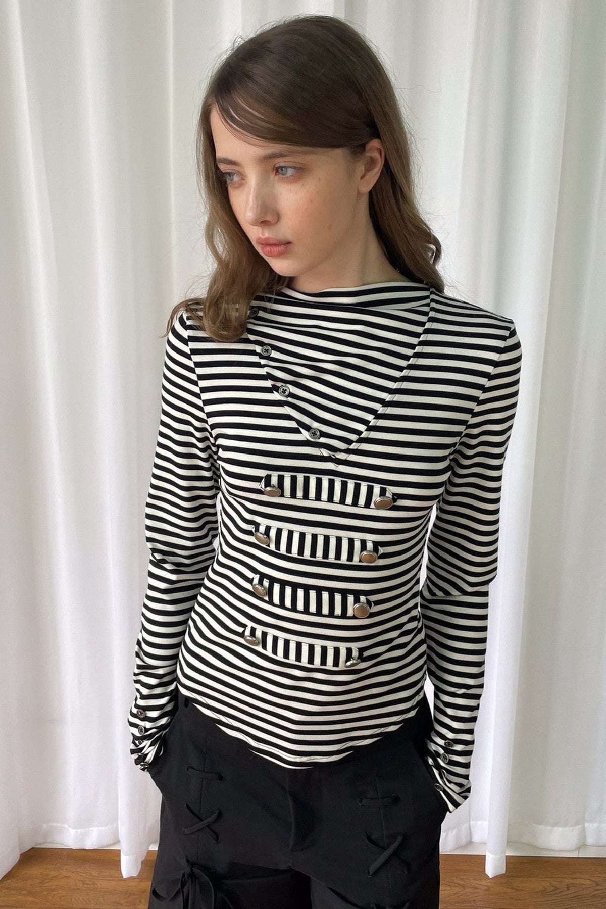 Metal Buckle Striped Knit Hood Top