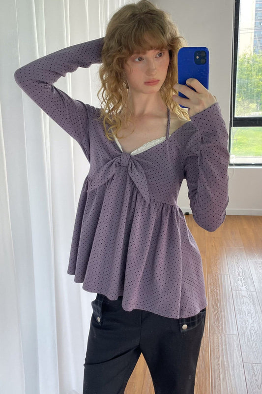 Polka Dot Bow-Tie V-Neck Long-Sleeved Blouse