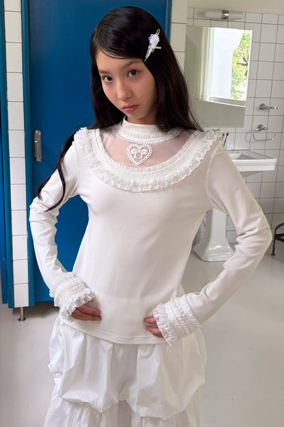 Embroidered Mesh Lace Collar T-Shirt